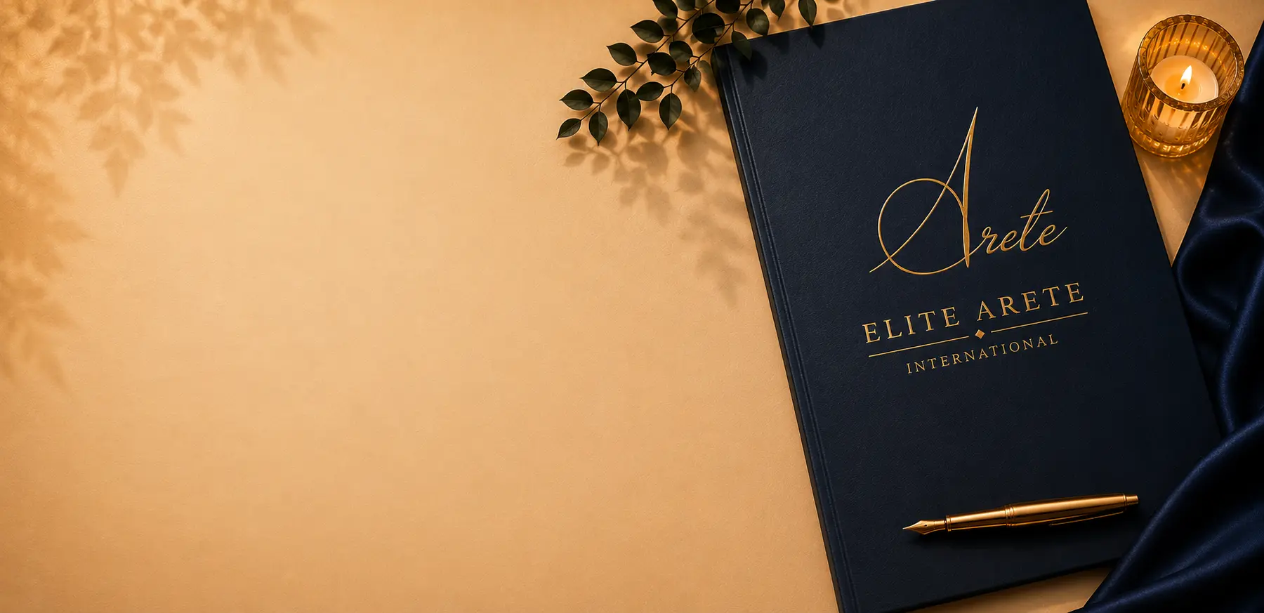 Elite Arete International — leather-bound book with gold pen